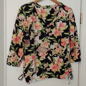 Caribbean Joe, LG, multi-colored flower print on black background.